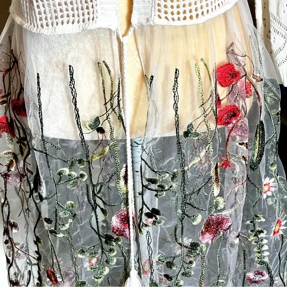 Absolutely Famous Open Knit Cardigan Duster Sz XL White Lower Embroidered Mesh - Picture 5 of 11